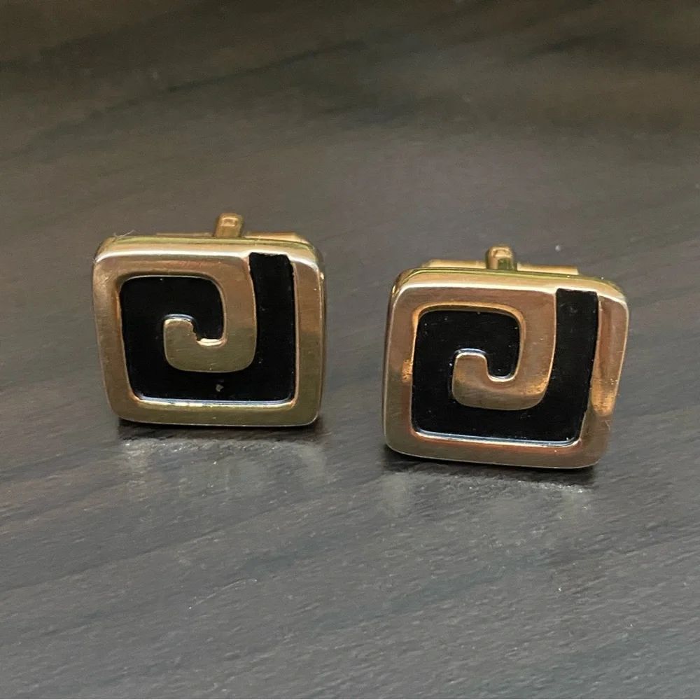 Vintage HICKOK Signed Square Spiral Gold-tone Black Cufflinks